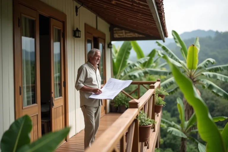Expatrié occidental sur la terrasse en bois d'une maison traditionnelle thaïlandaise abordable entourée de végétation tropicale
