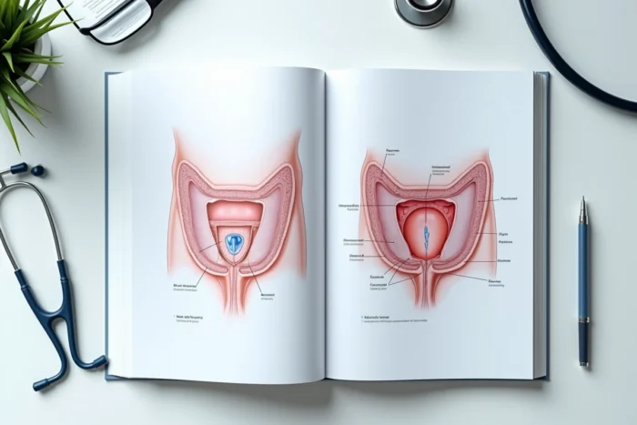 Manuel médical ouvert montrant des illustrations anatomiques détaillées des hémorroïdes internes et externes avec schémas annotés