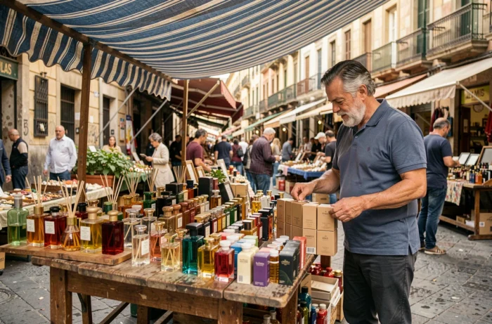 Stand de marché en plein air à Barcelone proposant des parfums bon marché avec un vendeur espagnol