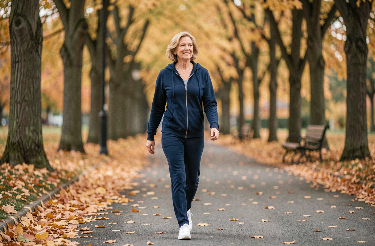Femme marchant activement dans un parc en automne pour améliorer sa santé physique et mentale au quotidien