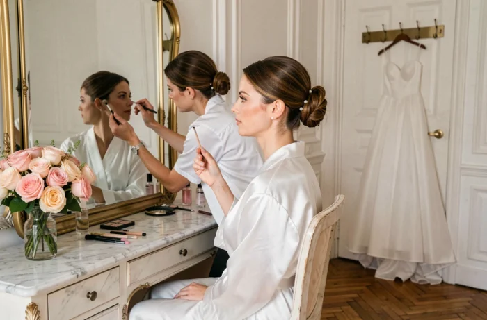 Mariée se préparant dans une chambre parisienne avec une artiste maquilleuse, robe de mariée suspendue en arrière-plan
