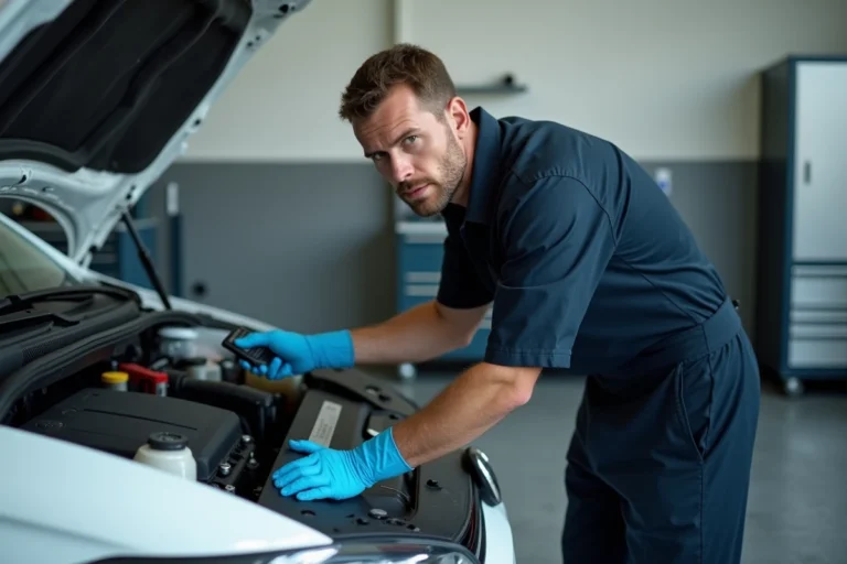 Mécanicien connectant un scanner OBD2 sur une Volkswagen Polo 5 blanche pour diagnostiquer le voyant moteur orange allumé