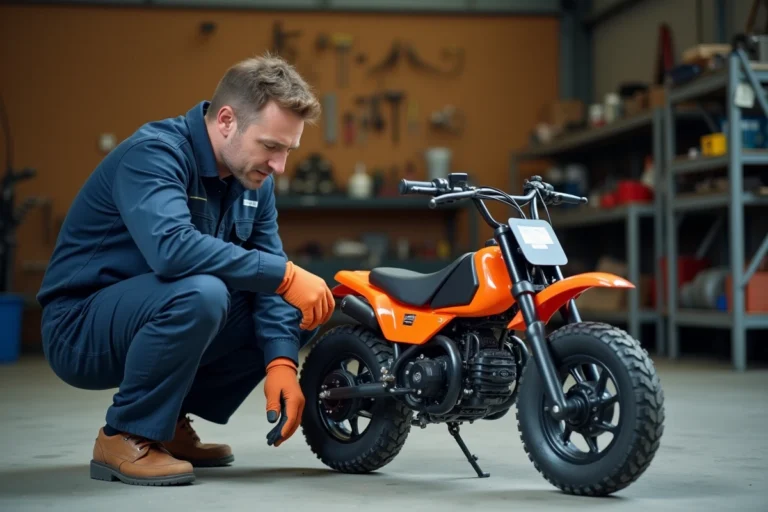 Mécanicien examinant la plaque de conformité d'un Piwi 80 dans un atelier moto en France