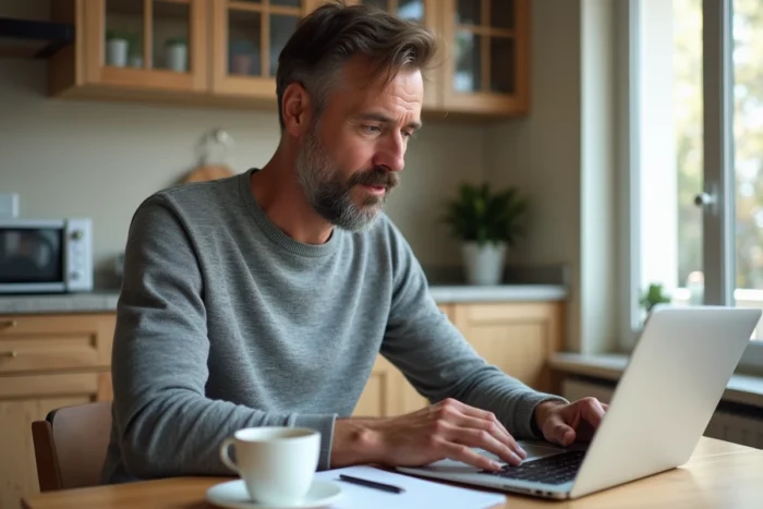 Homme comparant les meilleures banques en France sur son ordinateur portable depuis son appartement parisien