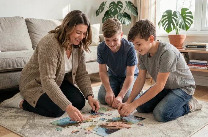 Mère et deux adolescents assemblant un grand puzzle sur le sol d'un salon moderne et cosy