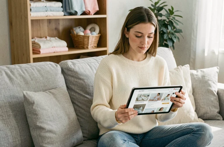 Jeune mère assise sur un canapé gris qui compare des accessoires de bébé sur une tablette dans un salon chaleureux