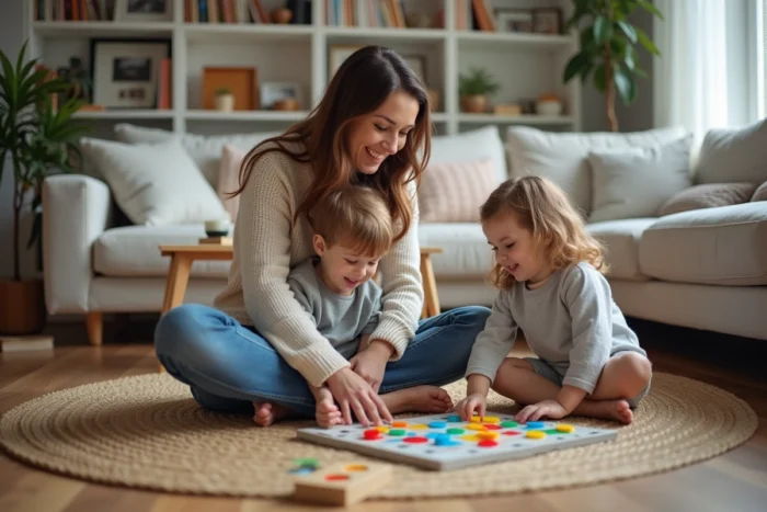 Mère et enfants jouant à un jeu de société sur le sol du salon dans une ambiance familiale chaleureuse