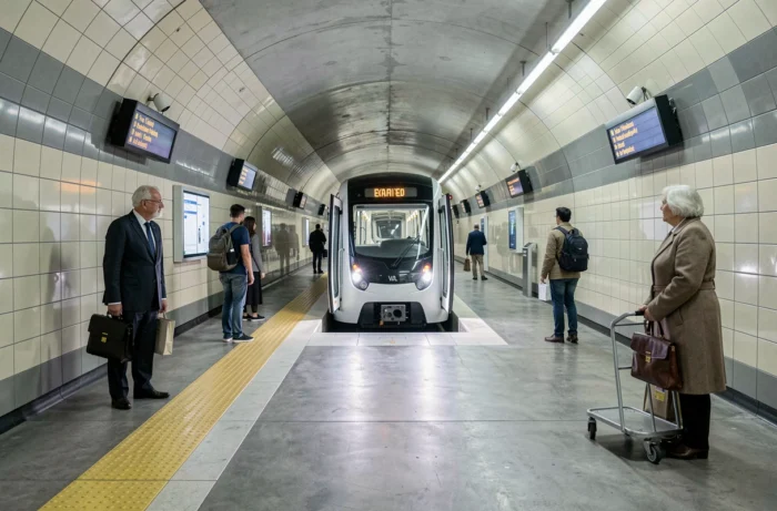 Intérieur d'une station de métro VAL à Rennes en 2020 avec des voyageurs attendant sur le quai à l'arrivée d'une rame automatique