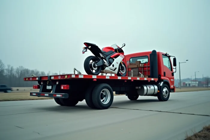 Moto de sport rouge attachée sur un camion de location en plateau sur une aire d'autoroute avec sangles de sécurité visibles