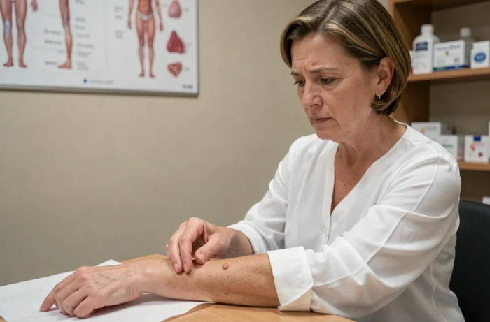 Femme d'âge moyen examinant un nodule inflammatoire sur son avant-bras lors d'une consultation médicale
