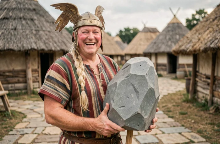 Homme déguisé en Obélix avec costume gaulois rayé, casque ailé et menhir en mousse dans un décor de village gaulois reconstitué