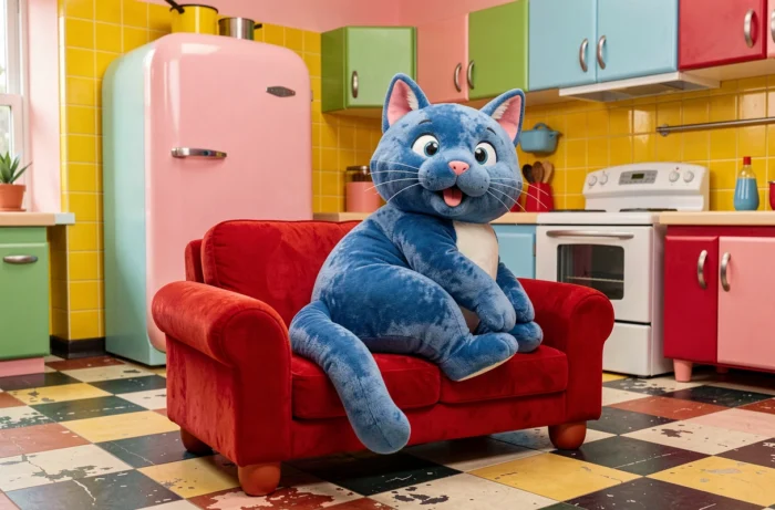 Grande peluche sculpturale d'un chat bleu dans un appartement aux couleurs vives et meubles de dessin animé rétro, inspiré du personnage Oggy d'Oggy et les Cafards