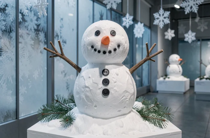 Sculpture artisanale d'un bonhomme de neige souriant avec nez en carotte et bras en bâtons dans une exposition hivernale aux tons bleus glacés, évoquant Olaf de La Reine des Neiges