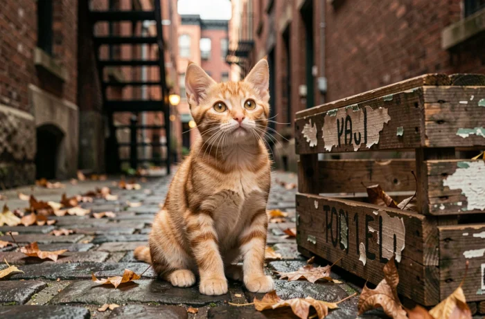 Petit chaton tigré orange assis dans une ruelle urbaine pavée avec escaliers en fer forgé et feuilles d'automne, évoquant Oliver du film Oliver et Compagnie