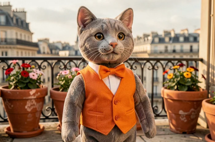 Figurine de chat gris élégant en gilet orange et nœud papillon posée sur une terrasse parisienne avec balustrade en fer forgé et toits haussmanniens floutés, inspirée d'O'Malley des Aristochats