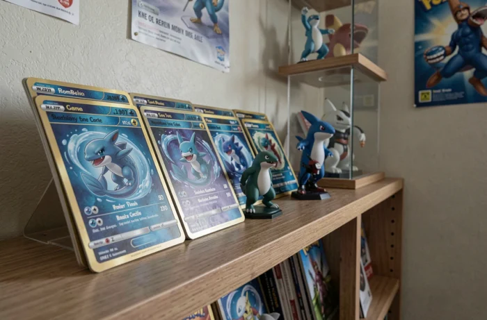 Collection de cartes Pokémon et figurines du Pokémon de type eau Ondine présentées sur une étagère de collectionneur en bois dans une salle de hobby