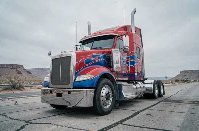 Grand semi-remorque rouge et bleu aux accents chromés et décalcomanies robotiques garé sur une aire de repos désertique, inspiré d'Optimus Prime des Transformers