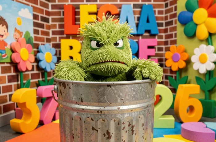 Marionnette verte grincheuse aux sourcils broussailleux émergeant d'une poubelle en métal cabossée sur un plateau de télévision éducatif coloré, représentant Oscar du 5 Rue Sésame