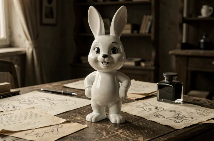 Figurine en porcelaine vintage du lapin chanceux Oswald dans un style années 1920 posée sur un bureau de studio d'animation ancien entouré de croquis et documents d'époque