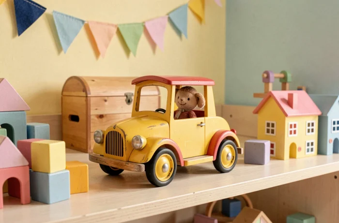 Voiture en bois vintage jaune avec passager en peluche sur une étagère de salle de jeux entourée de jouets en bois colorés, évoquant l'univers de Oui-Oui au Pays des Jouets