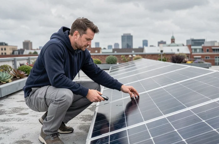 Homme inspectant des panneaux solaires sur un toit urbain avec un dispositif de surveillance numérique de production d'énergie