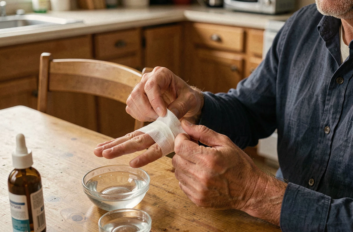 Homme bandant un ongle arraché avec de la gaze médicale et du sérum physiologique sur une table de cuisine