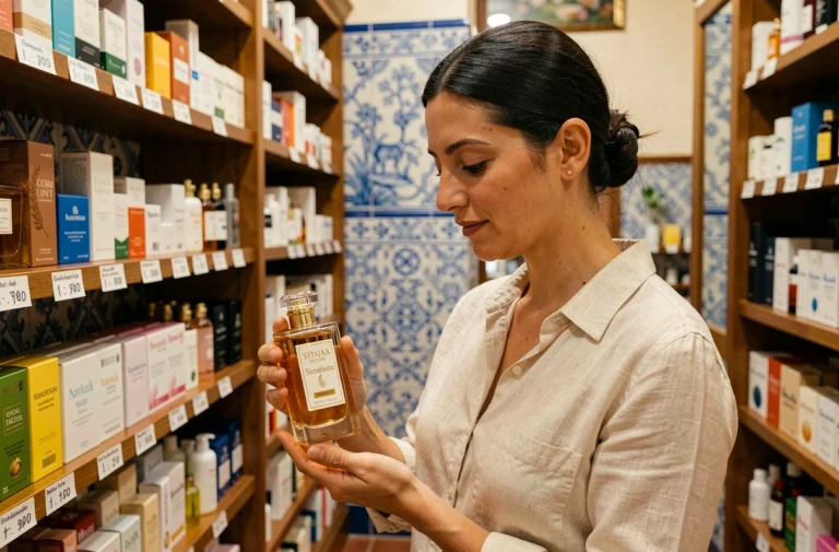 Femme examinant un flacon de parfum dans une pharmacie espagnole traditionnelle aux carreaux azulejos à Séville