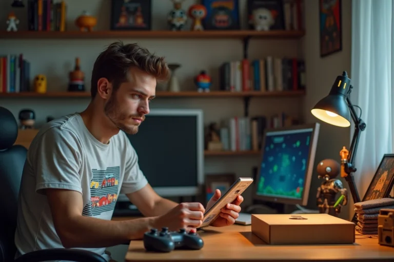 Jeune homme passionné de culture geek examinant un jeu vidéo en édition limitée entouré de figurines et comics dans son bureau décoré de posters pop culture