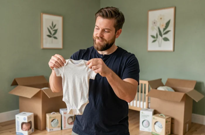 Père dans une chambre de bébé minimaliste qui inspecte un body reçu lors d'une commande d'accessoires de bébé en ligne