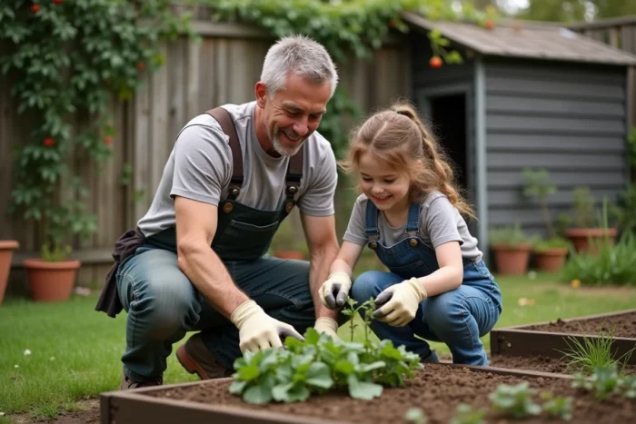 Père et fille adolescente faisant du jardinage ensemble dans le jardin familial avec des légumes en pleine croissance