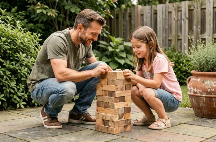 Père et jeune fille construisant une tour en blocs de bois en bois sur un patio de jardin, moment ludique en plein air