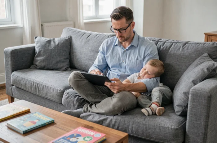 Père utilisant une tablette pour trouver des ressources d'accompagnement parental pendant que son enfant dort à côté de lui
