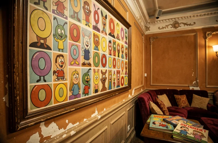 Mur décoratif de dessins animés avec des personnages dont le nom commence par la lettre O, dans un cadre rétro inspiré du cinéma d'animation