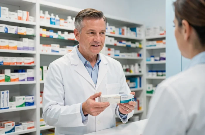 Pharmacien en blouse blanche expliquant les précautions d'emploi d'un médicament derrière le comptoir d'une pharmacie