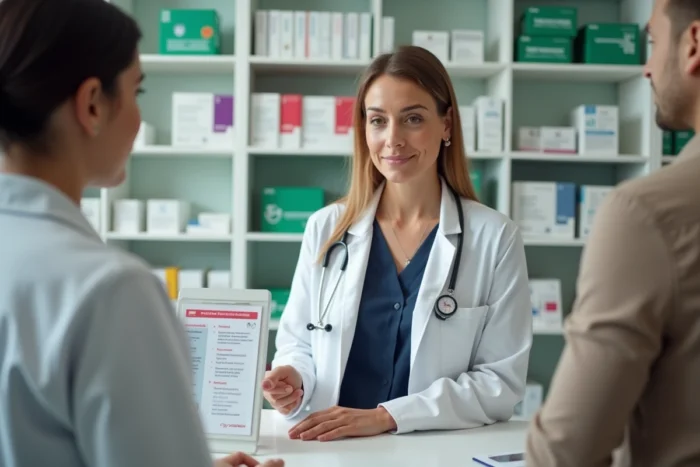 Pharmacienne expliquant à un client les symptômes et traitements des hémorroïdes externes à l'aide d'une brochure d'information médicale