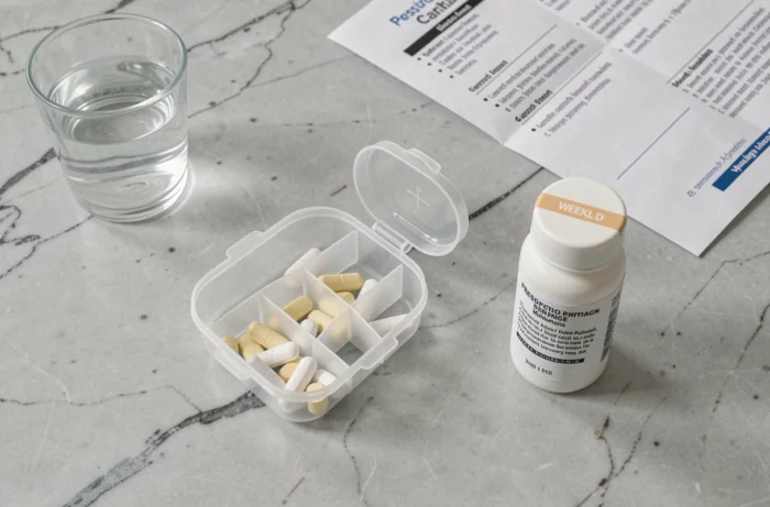 Pilulier hebdomadaire ouvert avec des comprimés, une boîte de médicament et une notice sur un comptoir en marbre