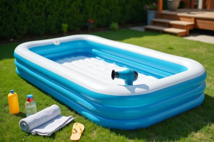 Piscine gonflable partiellement gonflée avec sèche-cheveux et accessoires d'été dans un jardin