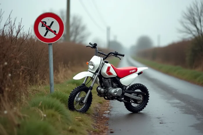 Piwi 80 garé en bord de route de campagne française à côté d'un panneau de signalisation réglementaire