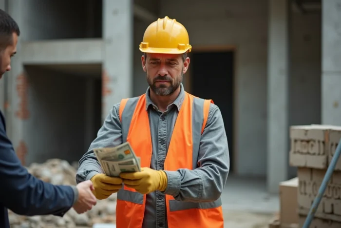 Ouvrier du bâtiment recevant un pourboire en espèces sur un chantier de construction urbain, visage reconnaissant et mains abîmées par le travail