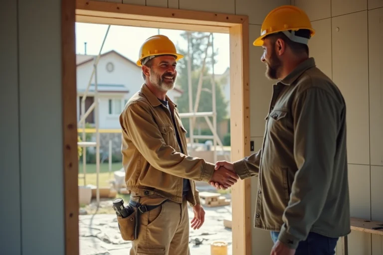 Ouvrier du bâtiment serrant la main d'un propriétaire devant une maison rénovée, symbolisant la fin d'un chantier et la question du pourboire