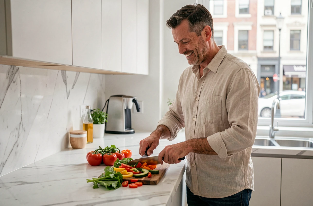 Homme préparant un repas sain et coloré dans une cuisine moderne pour adopter de meilleures habitudes alimentaires
