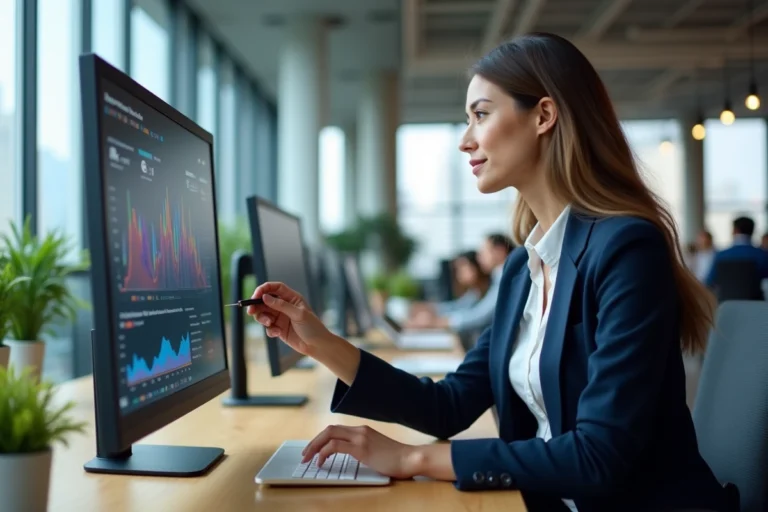 Professionnelle en communication digitale analysant des tableaux de bord de médias sociaux sur un écran interactif dans un bureau moderne