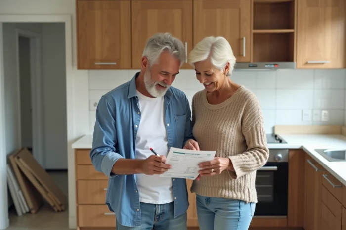 Couple de propriétaires discutant du montant d'un pourboire pour un ouvrier du bâtiment dans une cuisine récemment rénovée, avec facture et chéquier