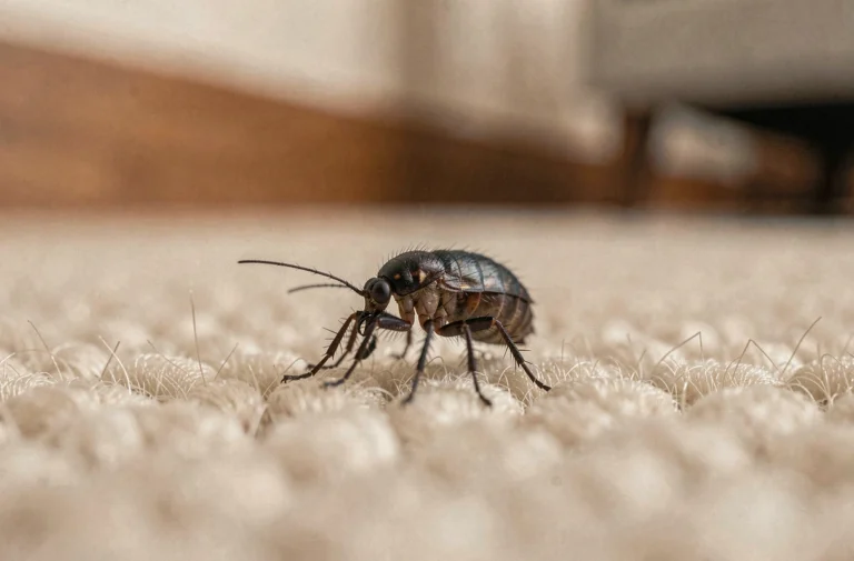 Gros plan macro d'une puce noire sur un tapis beige dans un salon, détail des pattes et du corps de l'insecte sauteur