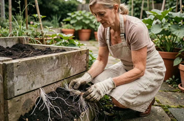 Femme jardinière inspectant les racines qui envahissent la base d'un bac à compost en bois dans un jardin potager