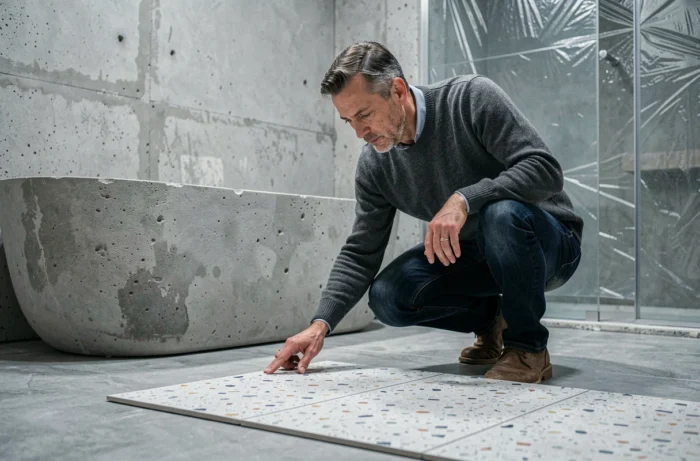 Artisan posant des carreaux de terrazzo dans une salle de bain en rénovation avec baignoire îlot et murs en béton brut