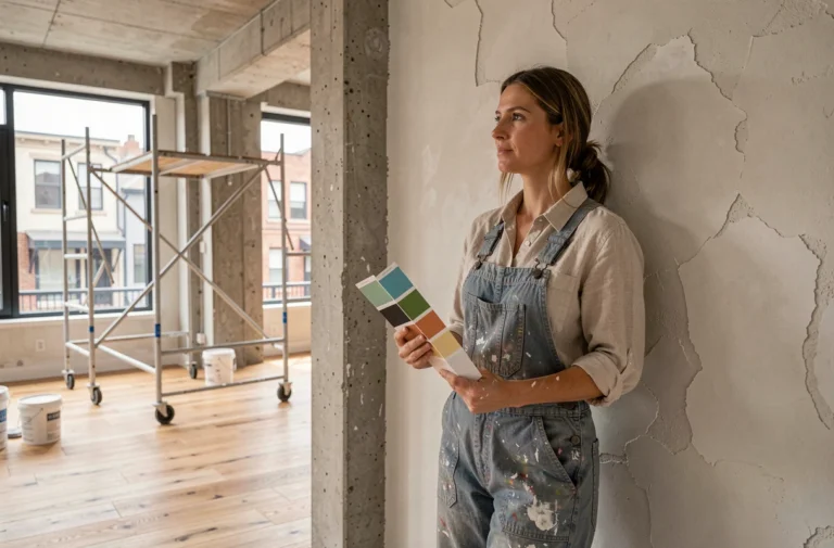 Femme comparant des échantillons de couleurs dans un salon en cours de rénovation avec sol en chêne et murs en béton apparent