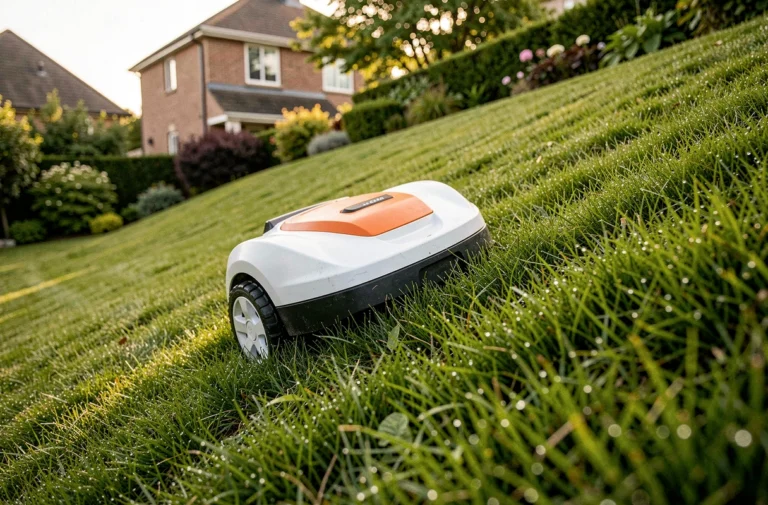Robot tondeuse autonome gravissant une forte pente dans un jardin résidentiel verdoyant