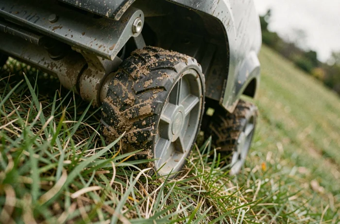 Gros plan sur les roues d'un robot tondeuse agrippant une pente raide et herbeuse