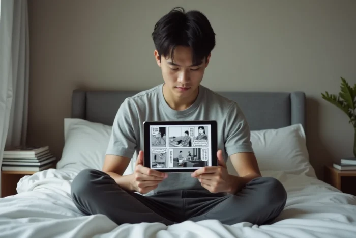 Homme lisant un scan de manga sur tablette numérique dans une chambre minimaliste
